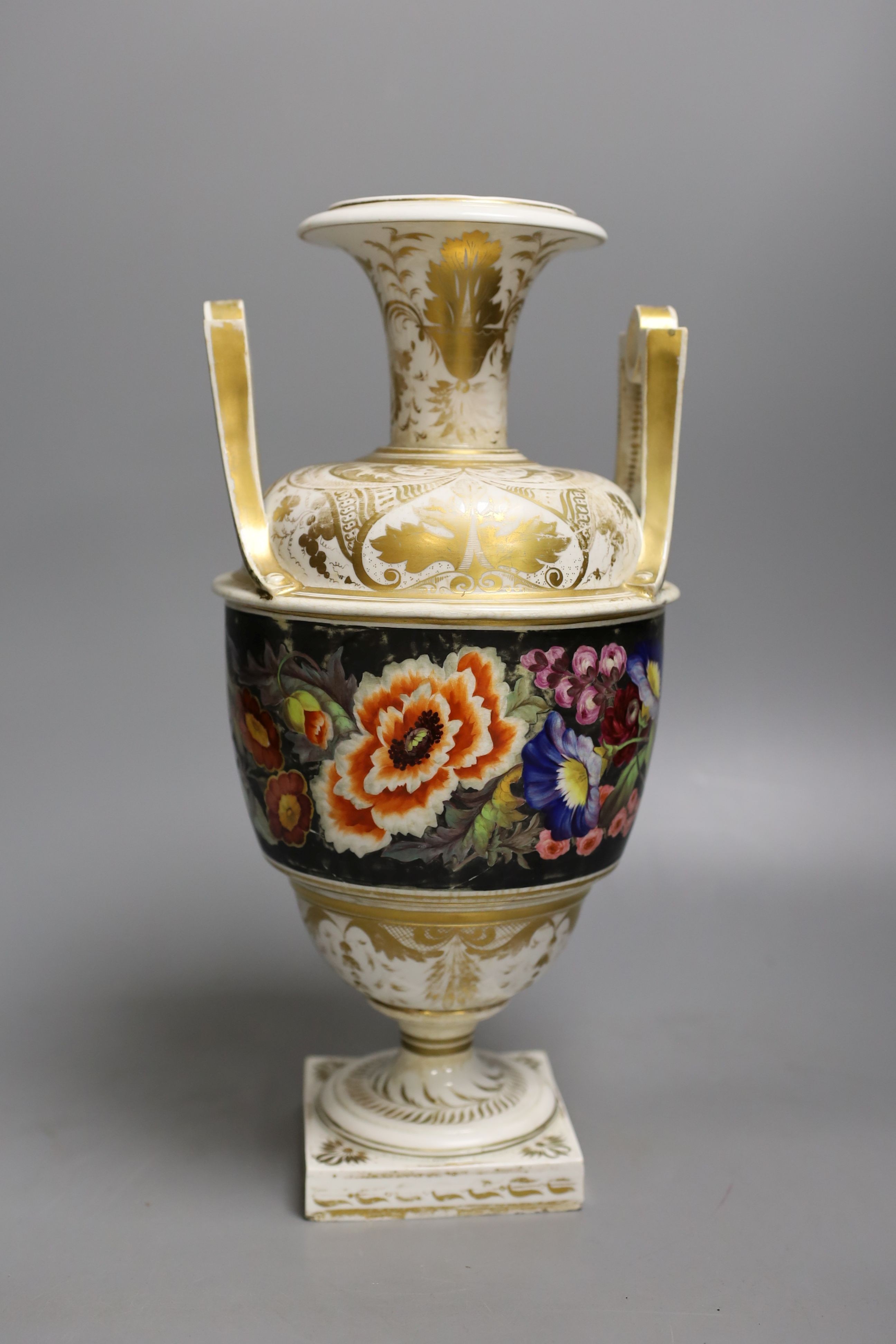A Derby vase painted with flowers on a dark grey ground, painted by William 'Quaker' Pegg, red mark c.1820, 31.5cm high